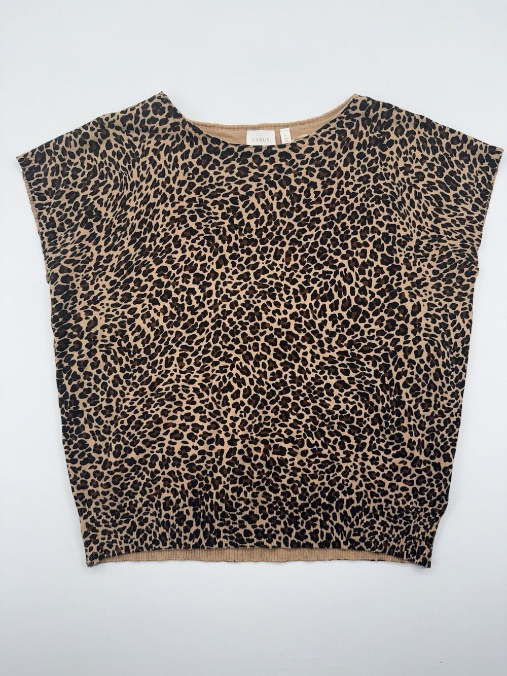 Cyrus tan black leopard animal print cap short sleeve blouse top Women’s Large